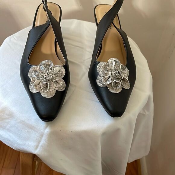 Shoes - Elegant Black Slingback Heels with Silver Floral Accent